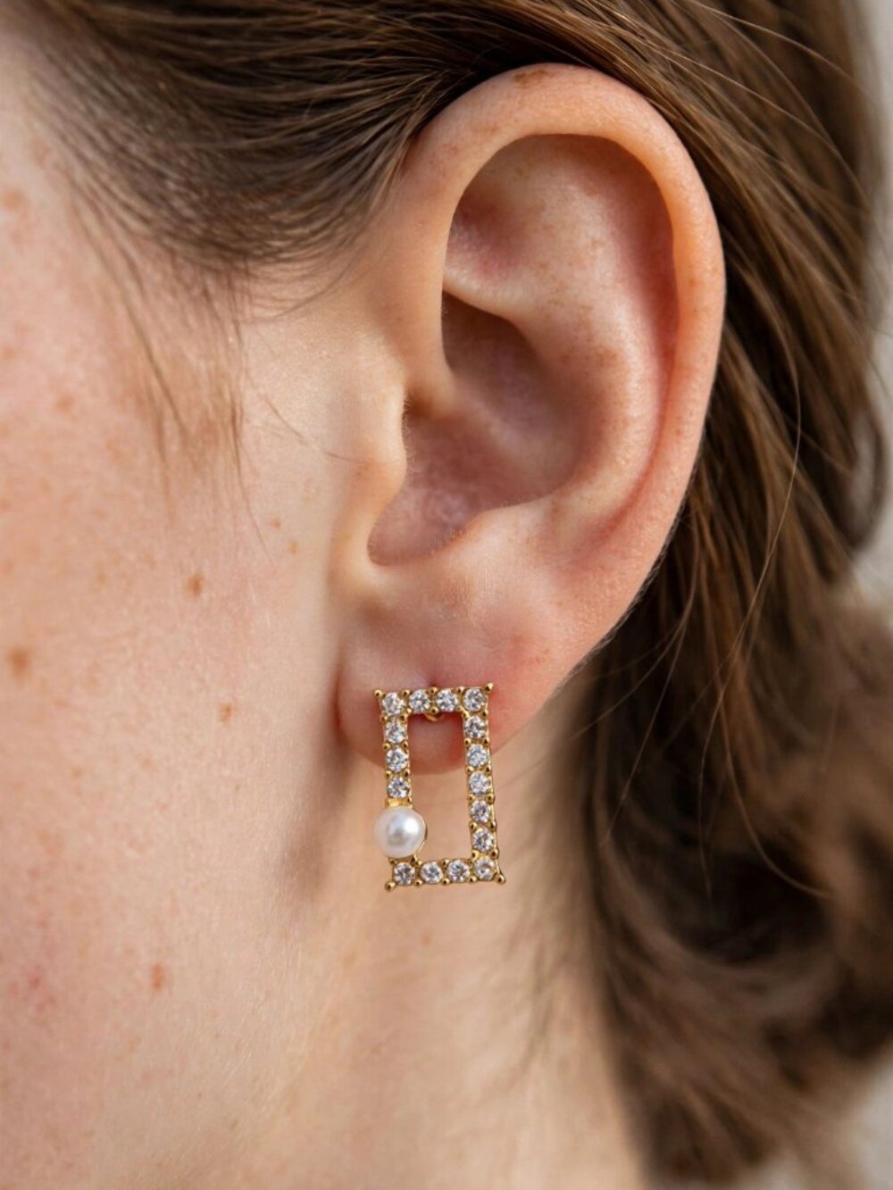 Gold Crystal Rectangular Hoop Earrings Pearl